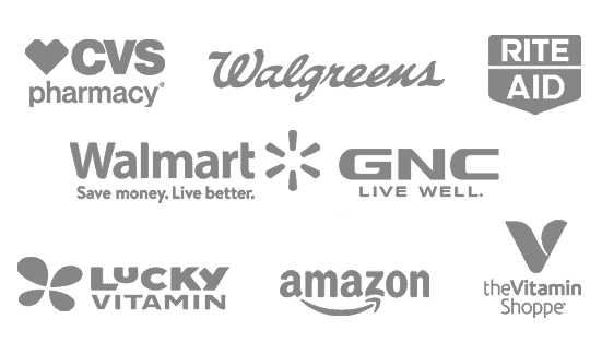 CVS Pharmacy, Rite Aid, Walgreens, Walmart, The Vitamin Shoppe, GINC, Amazon, Lucky Vitamin
